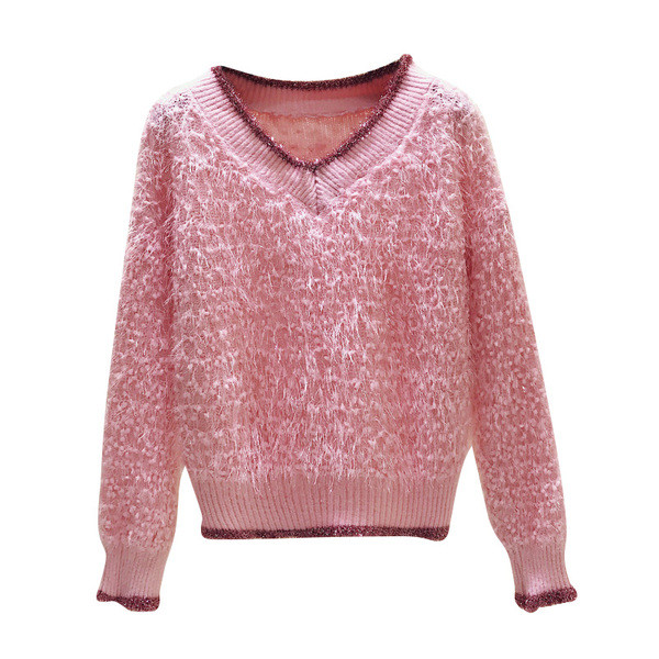 Pulover de damă modern cu decolteu spitz în roz, bej și albastru