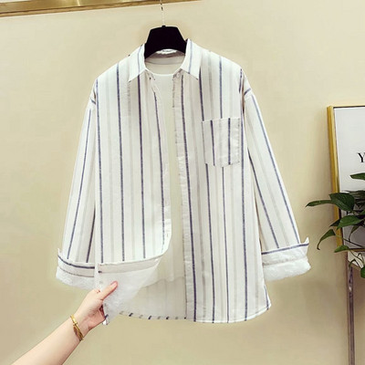 Model nou de camasa de dama in dungi cu captuseala moale si buzunar in doua culori