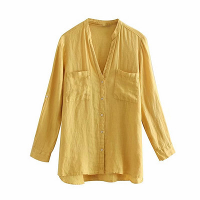 Cămașă lungă de damă, de culoare galbenă, cu decolteu și nasturi spitz