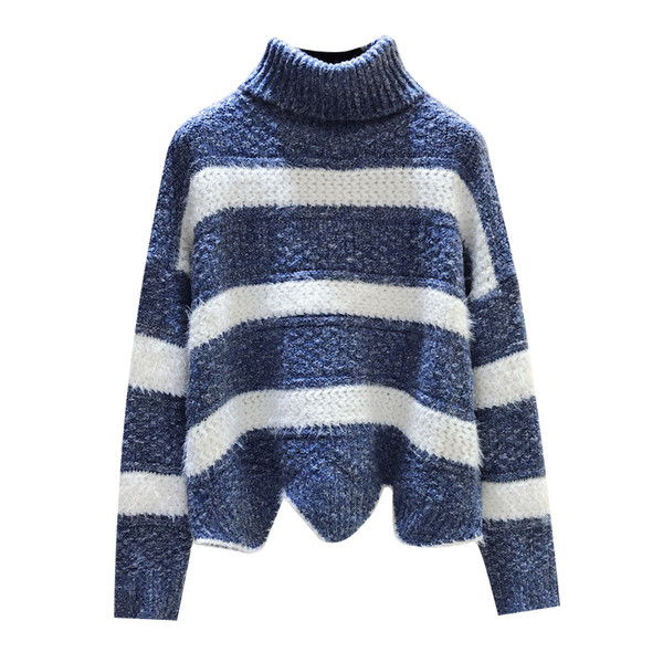 Дамски пуловер с поло яка в пет цвята асиметричен модел