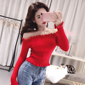 Modern női blúz ejtett váll és fürtök fehér és piros színben