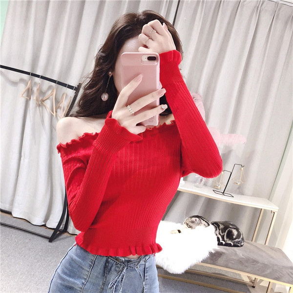 Modern női blúz ejtett váll és fürtök fehér és piros színben