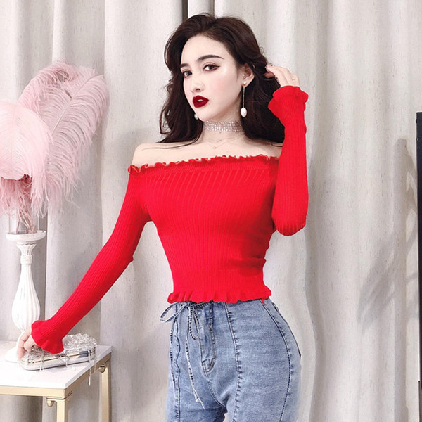 Modern női blúz ejtett váll és fürtök fehér és piros színben