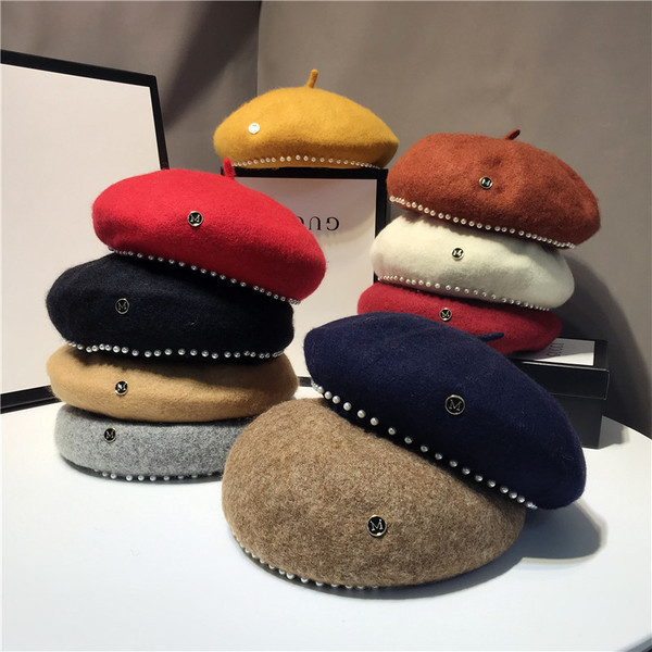 Palarie de dama moderna tip bereta cu decor de perle in mai multe culori