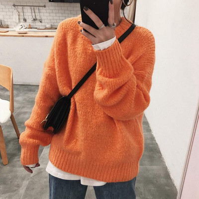 Pulover de iarnă de damă cu decolteu rotund în culorile alb, portocaliu, roșu și verde