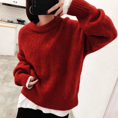 Pulover de iarnă de damă cu decolteu rotund în culorile alb, portocaliu, roșu și verde