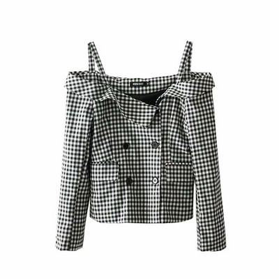 Bluză în carouri cu umerii goi și mâneci lungi