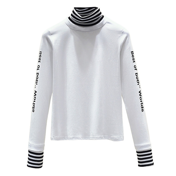 Bluză casual de damă alb-negru cu inscripție și guler polo