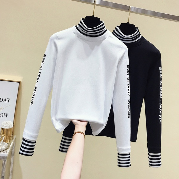 Bluză casual de damă alb-negru cu inscripție și guler polo