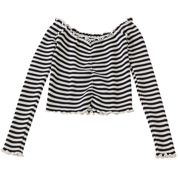 Bluză scurtă de damă în dungi cu umerii căzuți și bucle