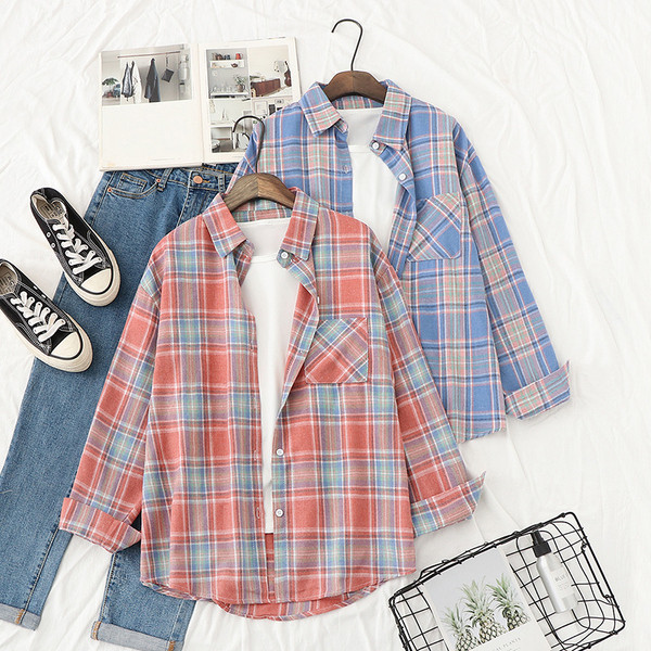 Új modell női kockás ing zsebbel és gombokkal, kék, zöld és piros színben