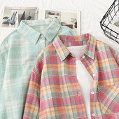Cămașă casual de damă în carouri, cu guler și buzunar clasic, în verde și roz
