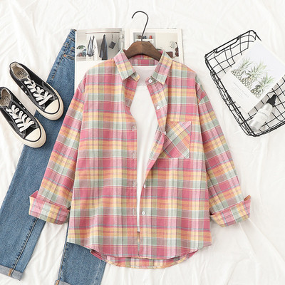 Cămașă casual de damă în carouri, cu guler și buzunar clasic, în verde și roz