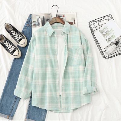 Cămașă casual de damă în carouri, cu guler și buzunar clasic, în verde și roz