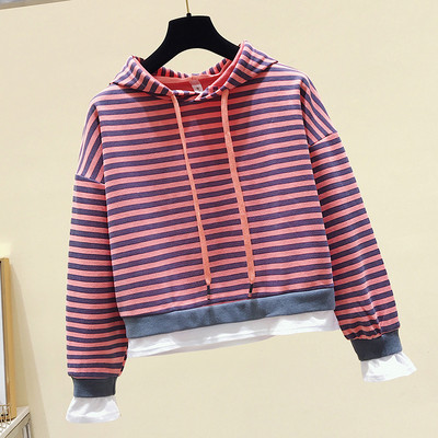 Hanorac de dama in dungi cu gluga si cravate in trei culori