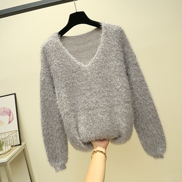 Pulover de damă modern din puf cu decolteu spitz în cinci culori