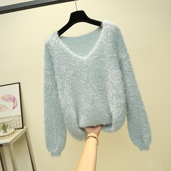 Pulover de damă modern din puf cu decolteu spitz în cinci culori