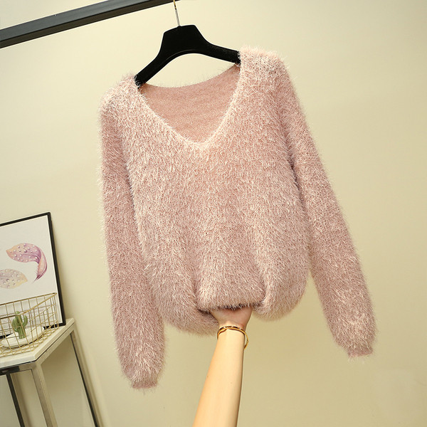 Pulover de damă modern din puf cu decolteu spitz în cinci culori