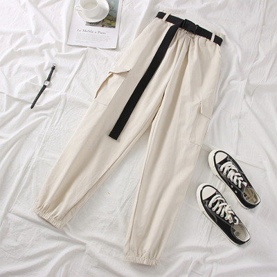 Спортен дамски панталон с джобове и колан в черен,зелен и бял цвят