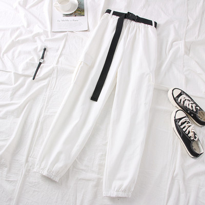 Спортен дамски панталон с джобове и колан в черен,зелен и бял цвят