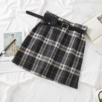 Fusta de dama in carouri modern model nou cu curea in maro si negru