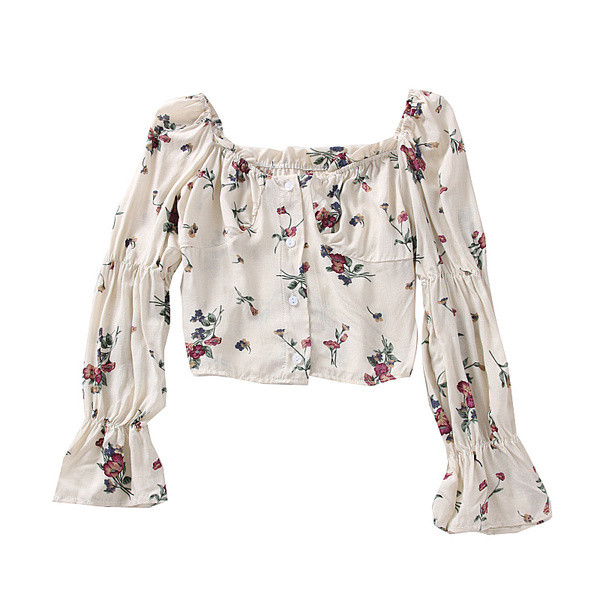 Bluză de damă modernă cu umerii goi și motive florale în maro și bej