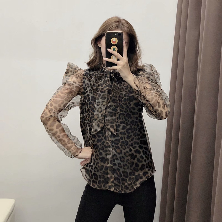 Cămașă elegantă de șifon de damă cu imprimeu animal și cravate