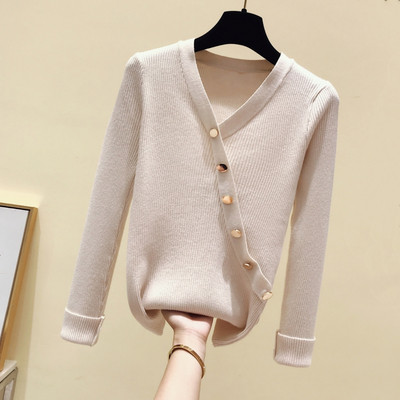 Bluză casual de damă cu decolteu spitz și nasturi în patru culori