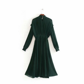 Rochie lunga plisata de culoare verde cu talie elastica si guler inalt