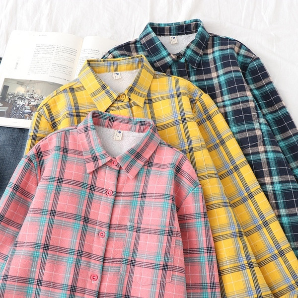 Camasa in carouri de dama model nou cu guler clasic in roz, galben si verde