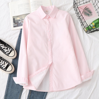 Cămașă casual de damă cu guler clasic în alb, roz și albastru