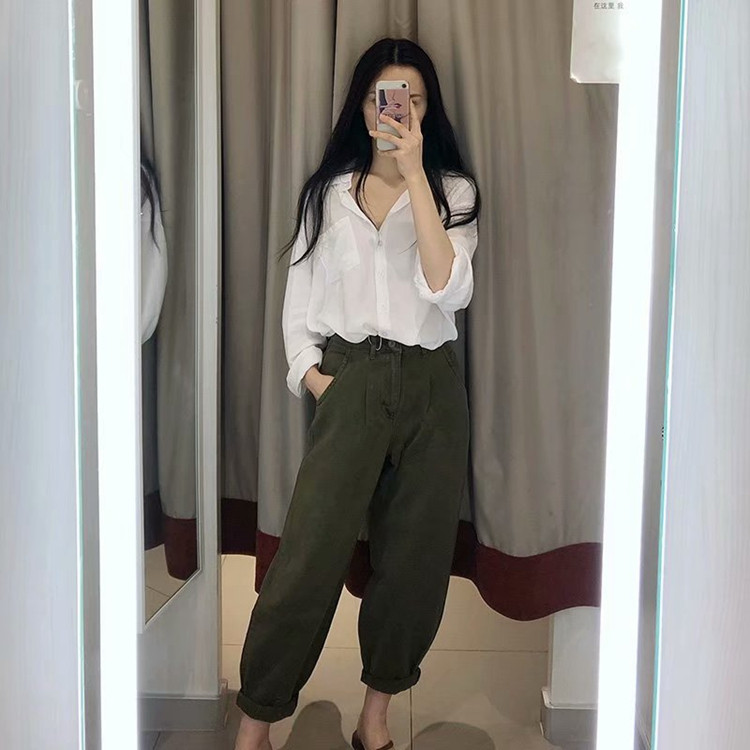 Blugi casual de dama cu talie inalta de culoare verde