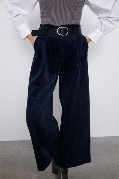 Дамски широк панталон от рипс в син цвят и висока талия 