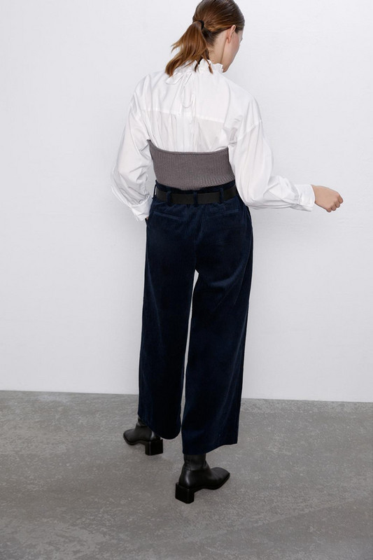 Pantaloni largi de catifea de dama de culoare albastra si talie inalta