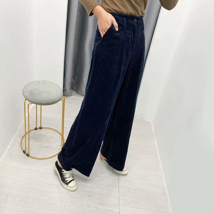 Pantaloni largi de catifea de dama de culoare albastra si talie inalta