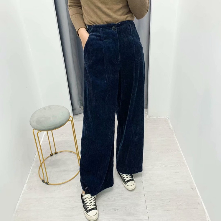 Pantaloni largi de catifea de dama de culoare albastra si talie inalta