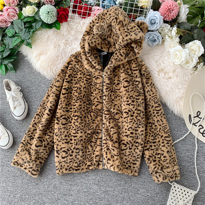 Geaca casual dama cu gluga si model animal in doua culori