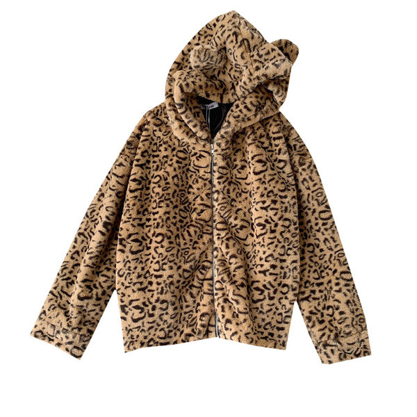 Geaca casual dama cu gluga si model animal in doua culori