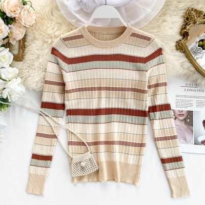Pulover de dama modern in dungi cu decolteu rotund in doua culori