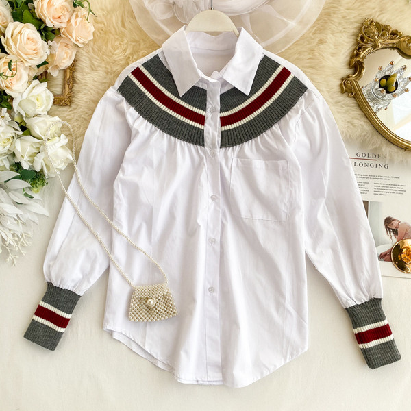 Cămașă casual de damă cu guler clasic în albastru și alb