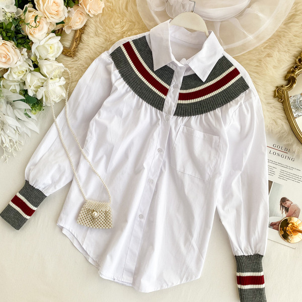 Cămașă casual de damă cu guler clasic în albastru și alb