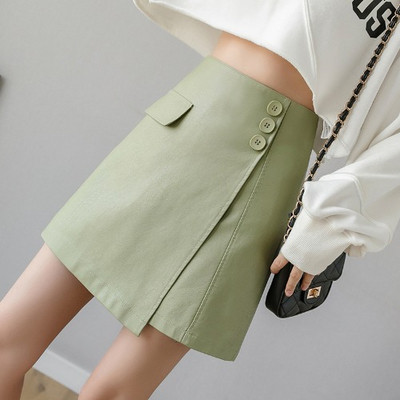 Fusta de dama actuala cu talie inalta din piele ecologica de culoare verde, galben si negru