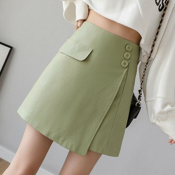 Fusta de dama actuala cu talie inalta din piele ecologica de culoare verde, galben si negru