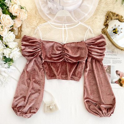 Bluza scurta de dama moderna cu perle de catifea in mai multe culori