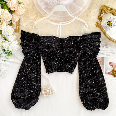 Bluza scurta de dama moderna cu perle de catifea in mai multe culori