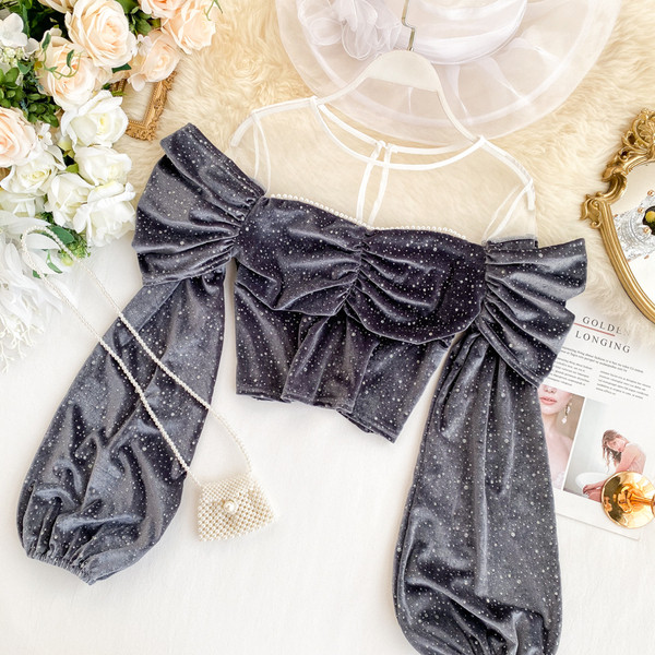 Bluza scurta de dama moderna cu perle de catifea in mai multe culori