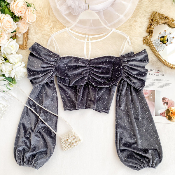 Bluza scurta de dama moderna cu perle de catifea in mai multe culori