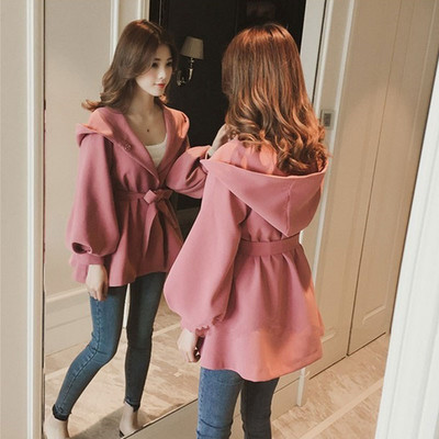 Palton modern de toamnă de damă cu glugă în negru și roz e