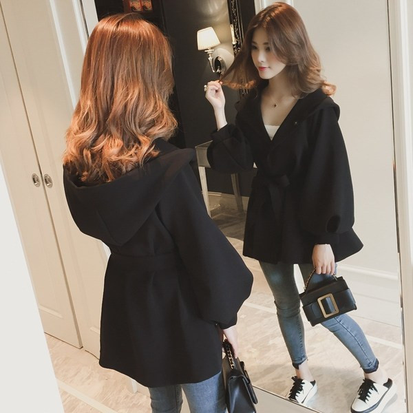 Palton modern de toamnă de damă cu glugă în negru și roz e