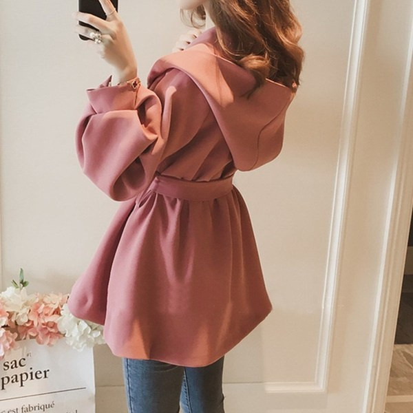 Palton modern de toamnă de damă cu glugă în negru și roz e